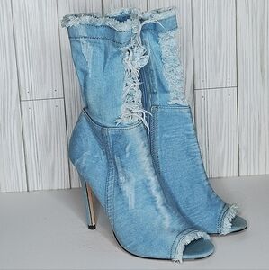 Cape Robbin Distressed Peep Toe Denim Stiletto Bootie Heels Women's 7.5